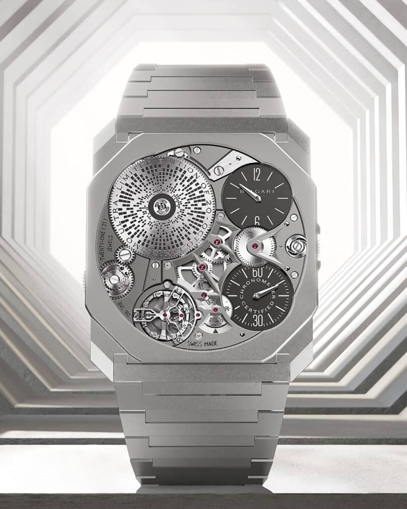 A close-up view of the world's thinnest mechanical wristwatch by Bulgari, showcasing its intricate internal components.