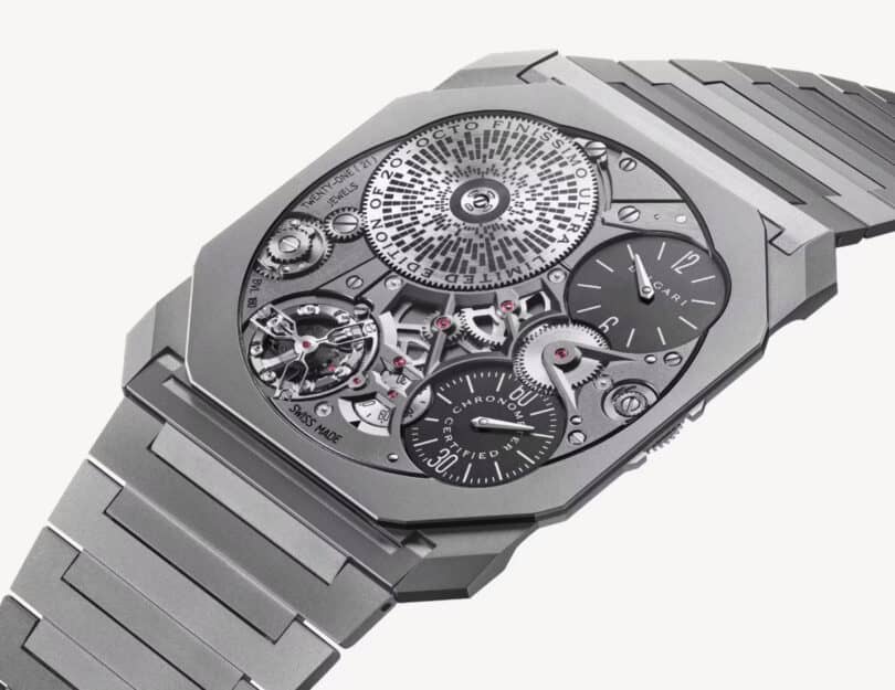 Close-up view of Bulgari's world's thinnest mechanical watch, revealing intricate mechanical details.