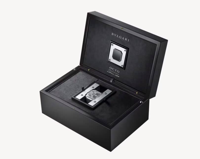 Luxury Bulgari wristwatch presented in an elegant black case used to set the time and wind up the world's thinnest mechanical watch.