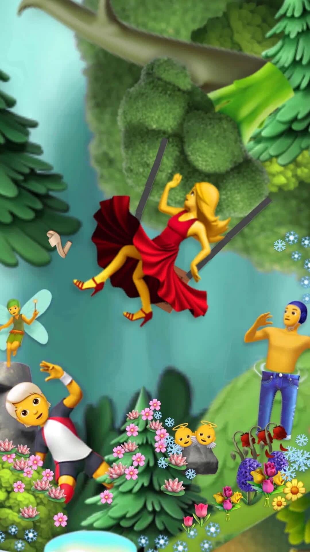 the dancer emoji appears to swing amid a lush landscape with a soccer player, two baby angles, and a man in the foreground