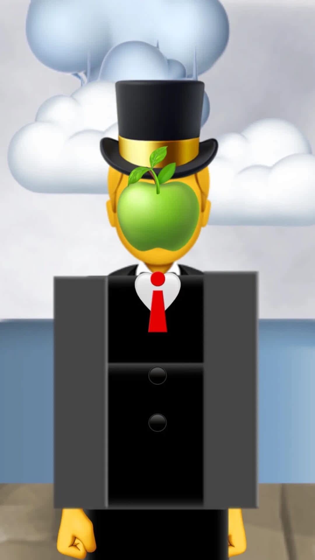 an emoji man with a green apple over his face