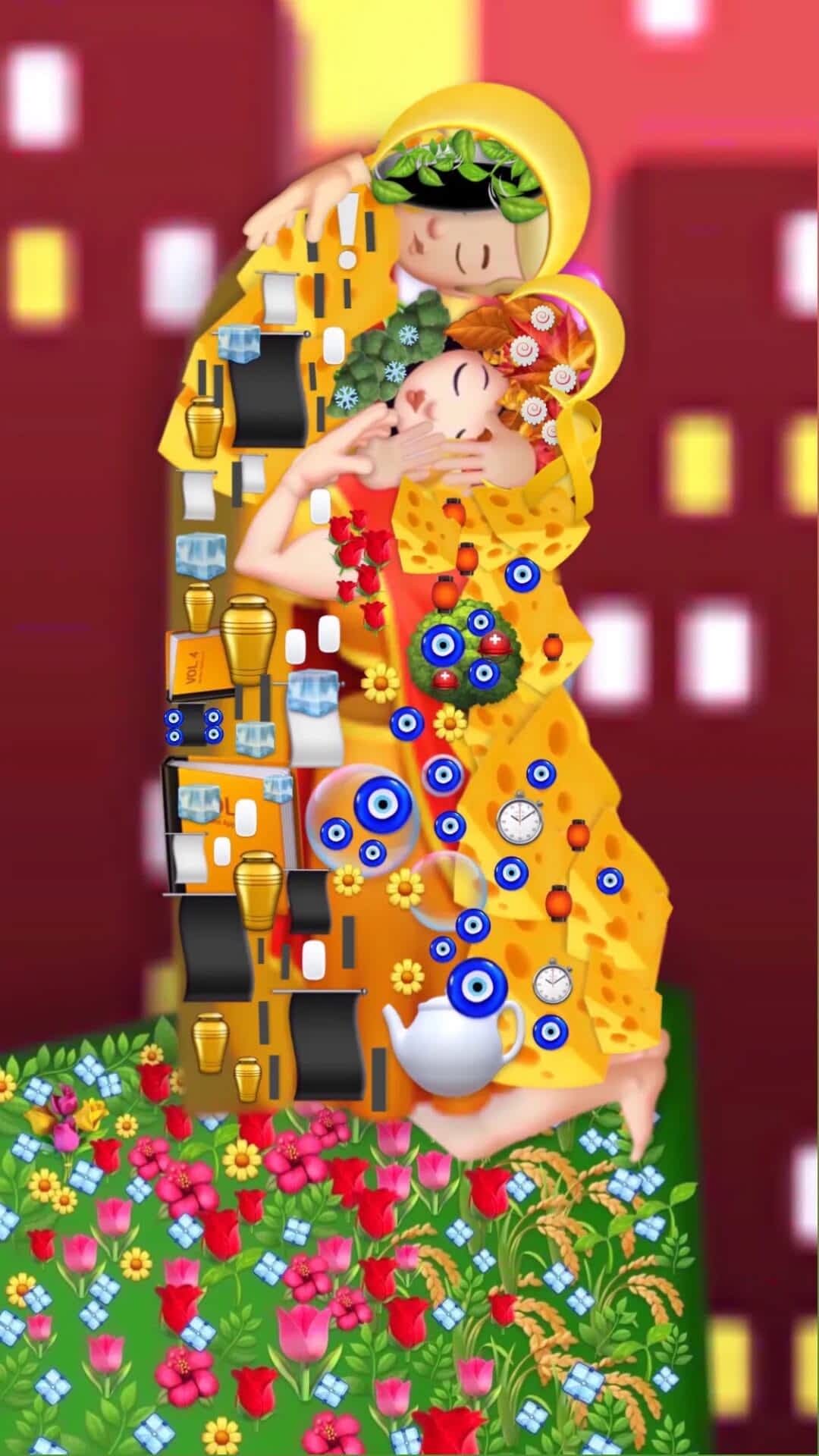 an emoji recreation of two people embracing above flowers