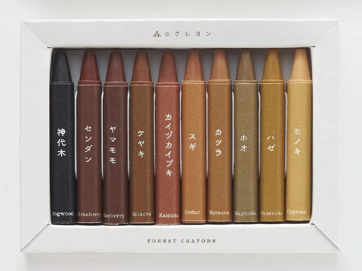 a packaged row of colorful, triangular crayons made from the naturally occurring colors of wood from different trees