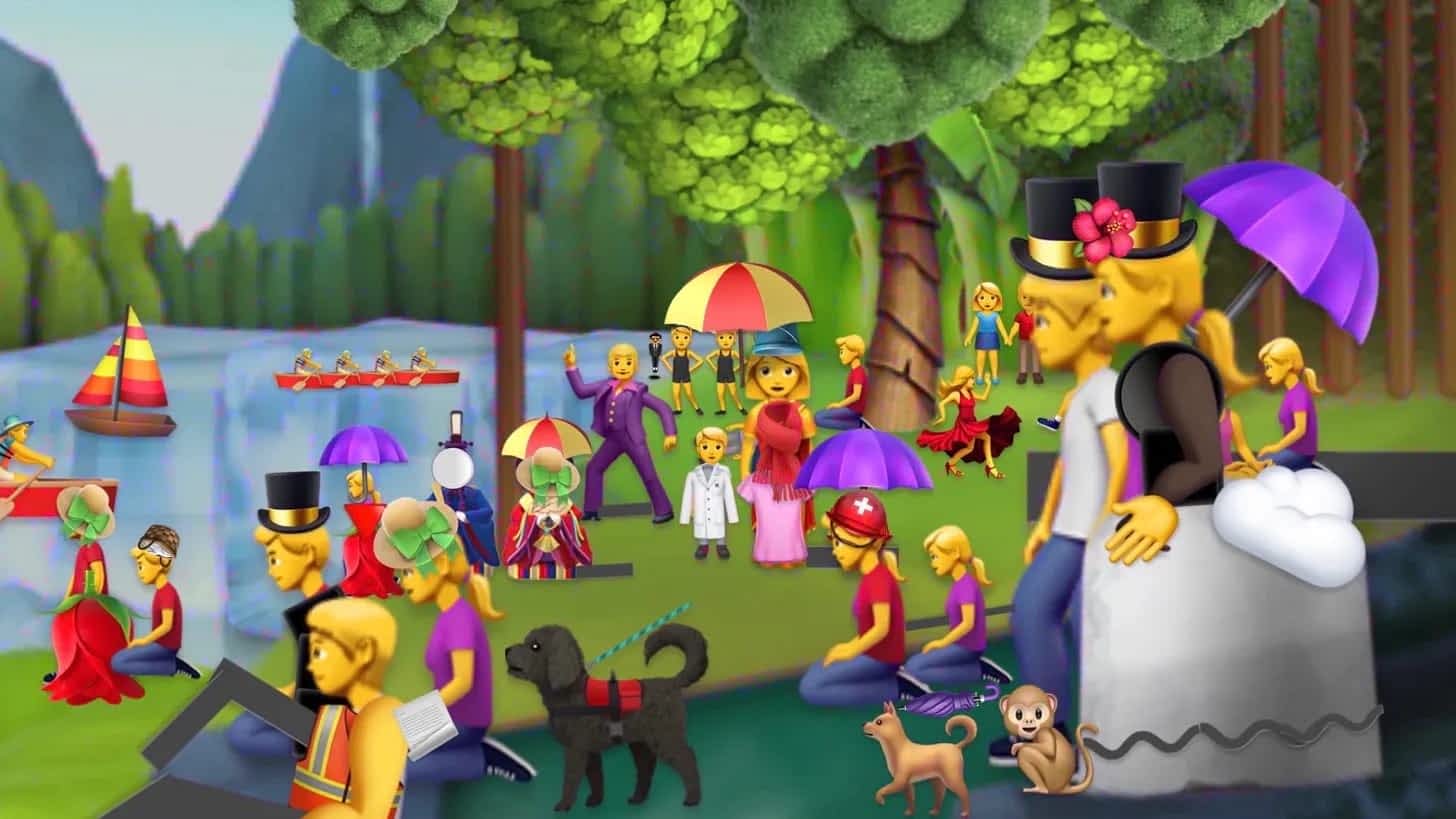 emoji people and animals visit a lush lake