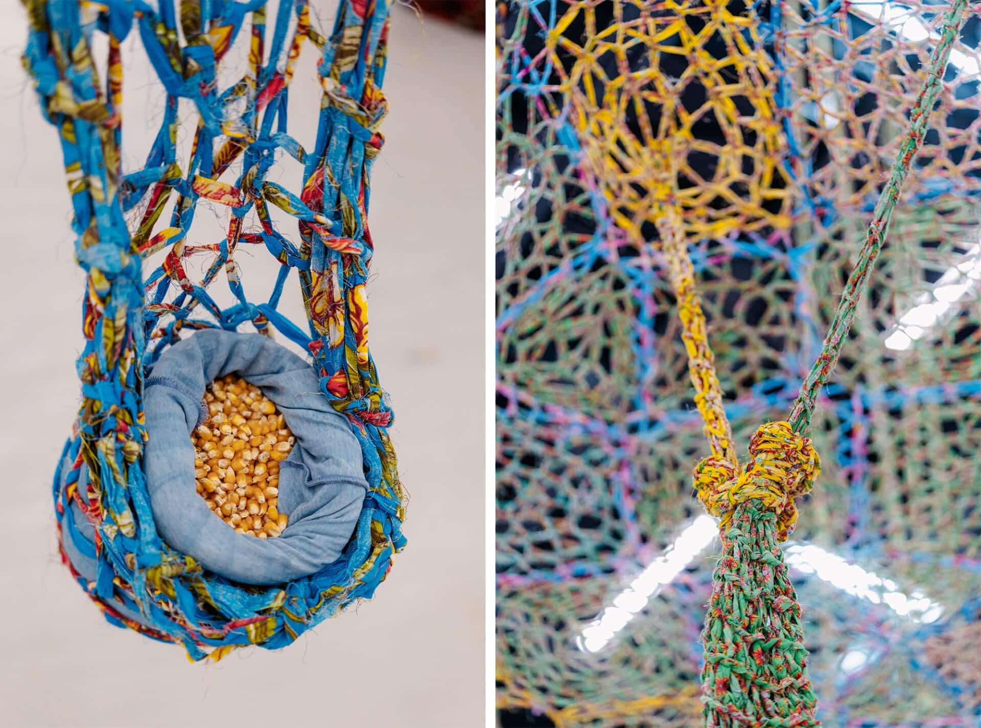 two side-by-side images showing crocheted details of chintz fabric suspended in a large sculpture, with the image on the left showing a pocket full of corn kernels