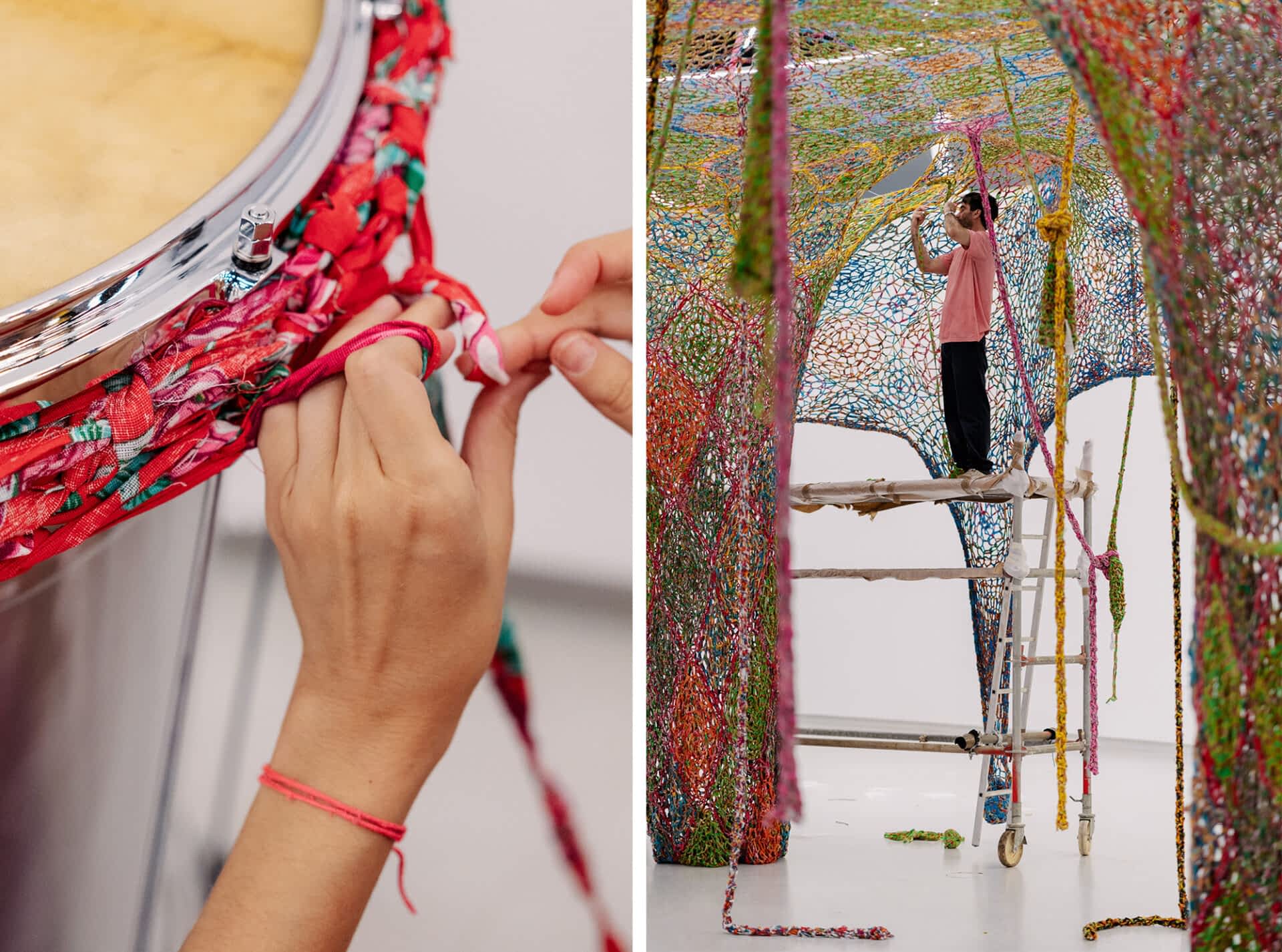 two side-by-side images showing different installation stages of a large sculptural installation in a museum