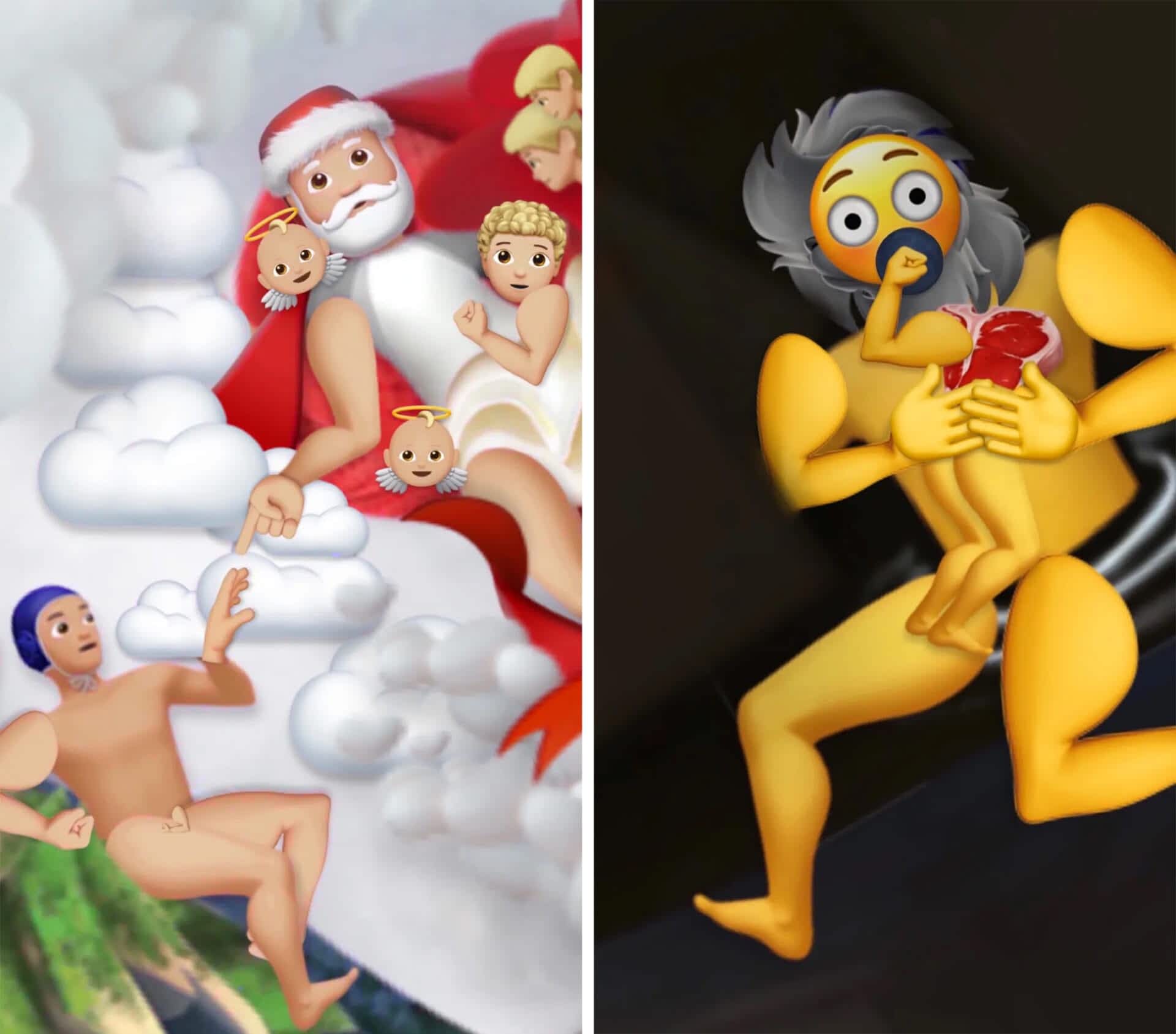 left: a nude man reaches his hand toward santa in the sky with several baby angels. right: a man with gray hair holding a steak and legs