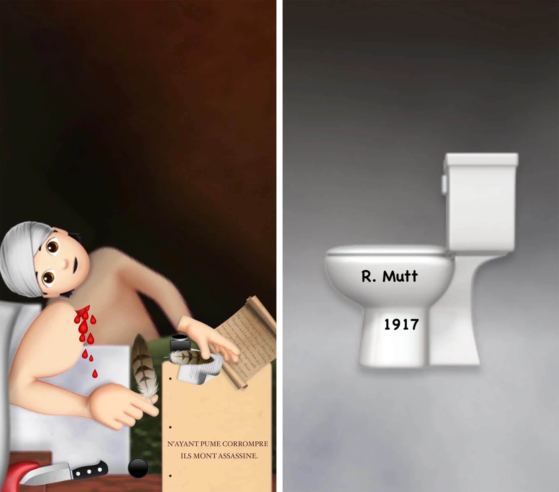 left: a man with a bleeding art grasps at a pen, ink, and paper. right: a toilet with r mutt 1917 written on it