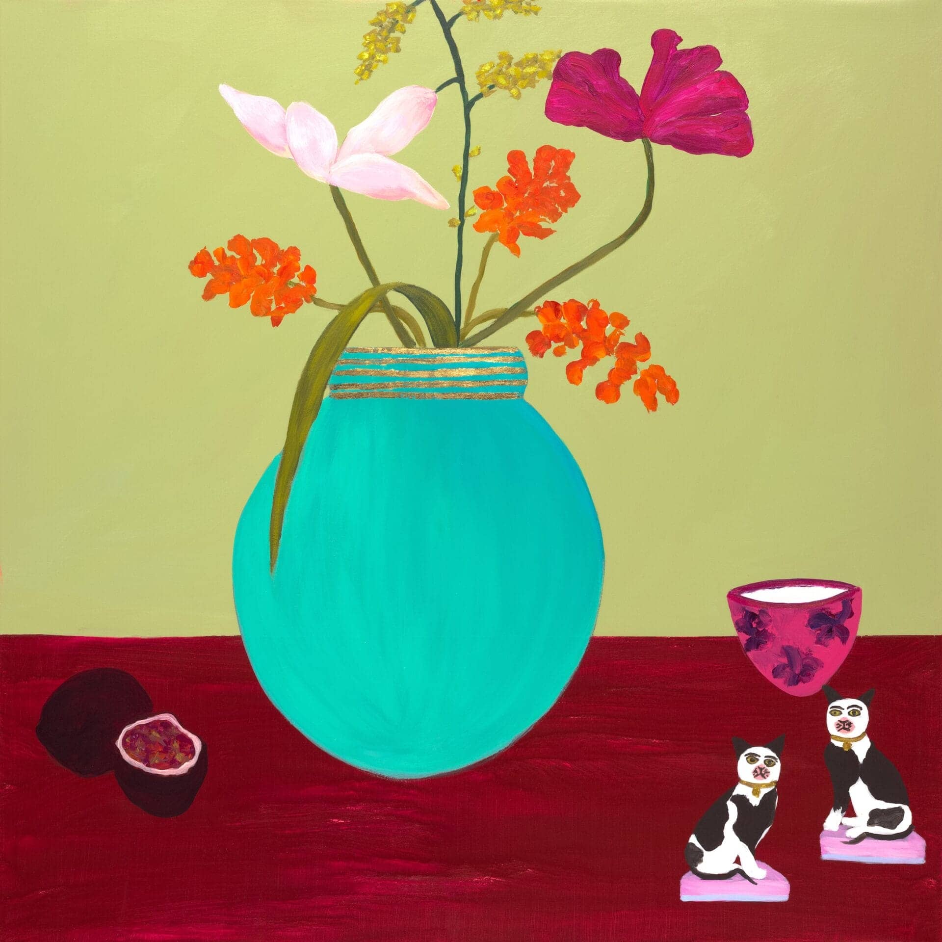 a still life painting of flowers in a vase with cat sculptures on the table below