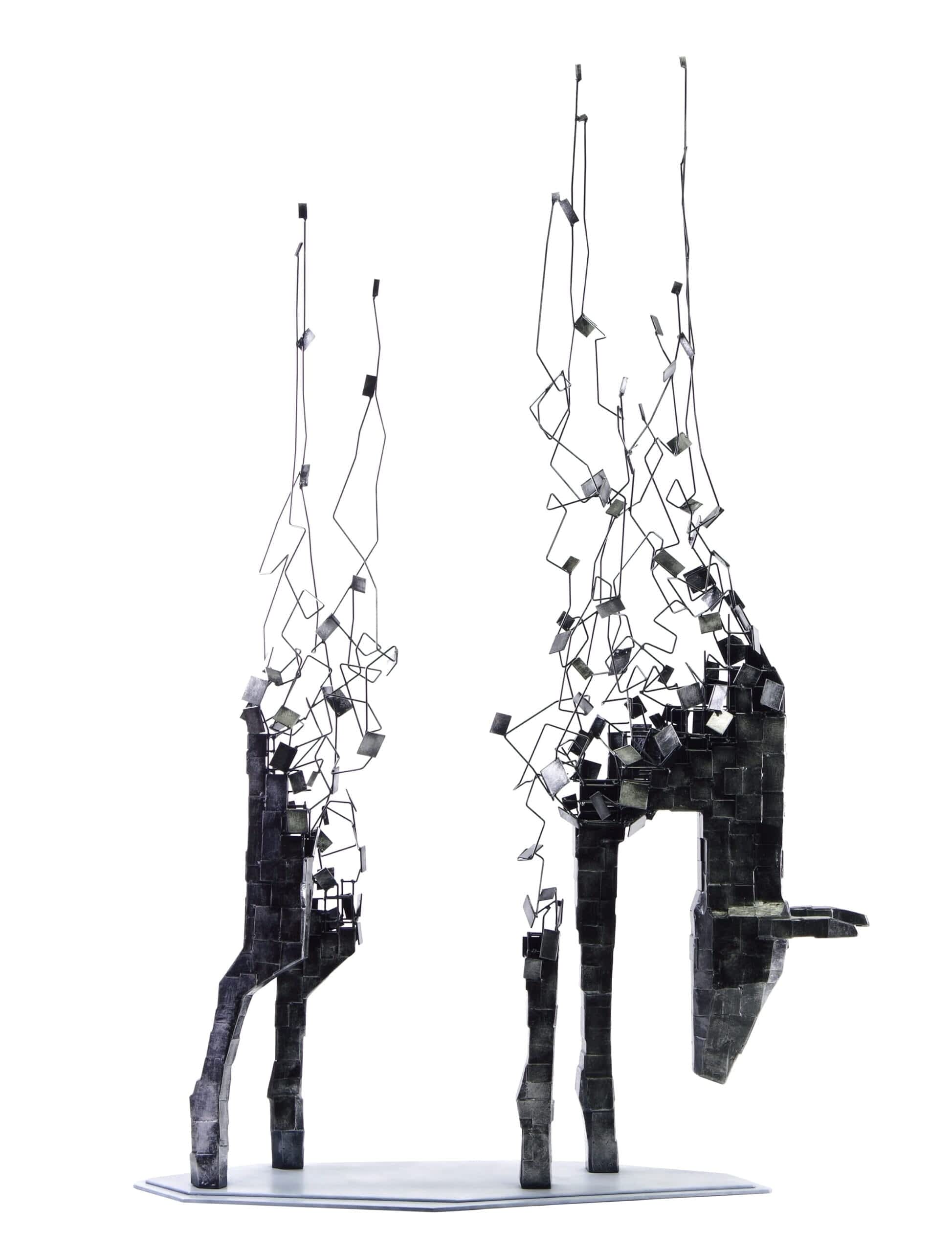 an abstract sculpture of a deer with its center missing and tendrils leading down the sky as if it is disintegrating upward