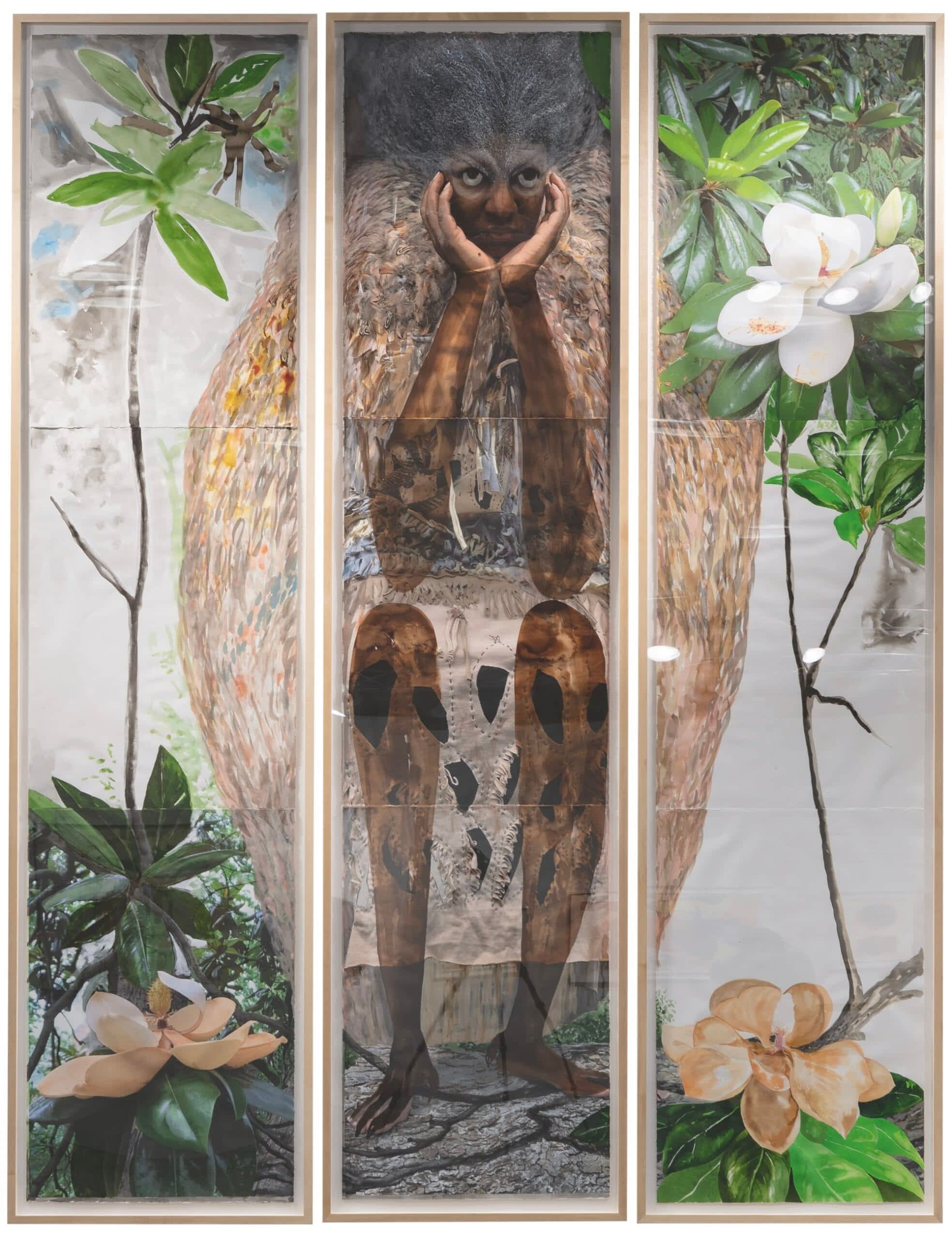 a mixed-media collage of a Black woman wearing a grass cloak, seated in a forest with her chin resting in her hands