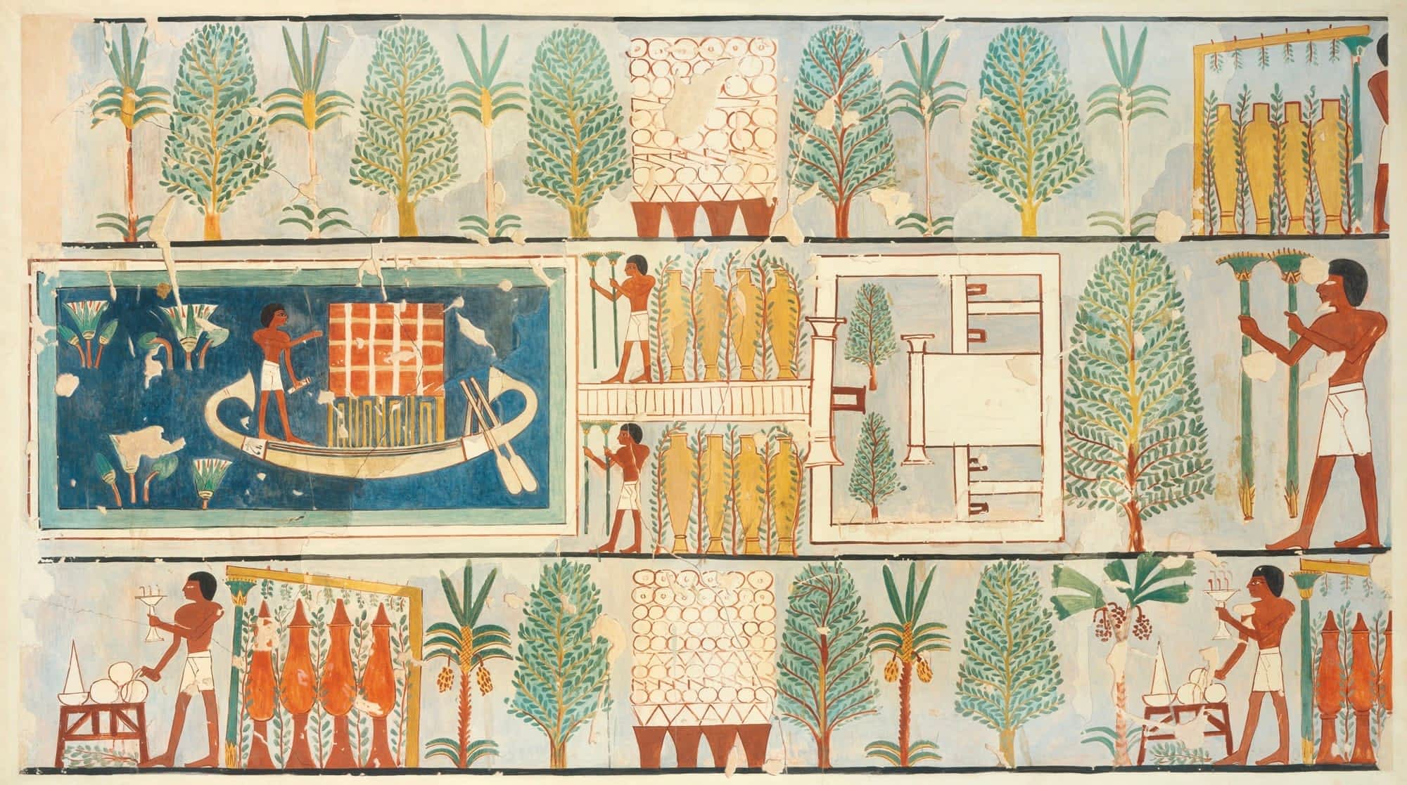 a painting on paper of an Egyptian funerary scene, recreated from an original tomb painting