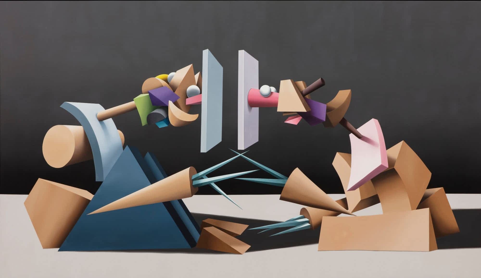 an abstract portrait of two figures painted chunky, colorful shapes. they appear to be seated and bending forward to reach each other