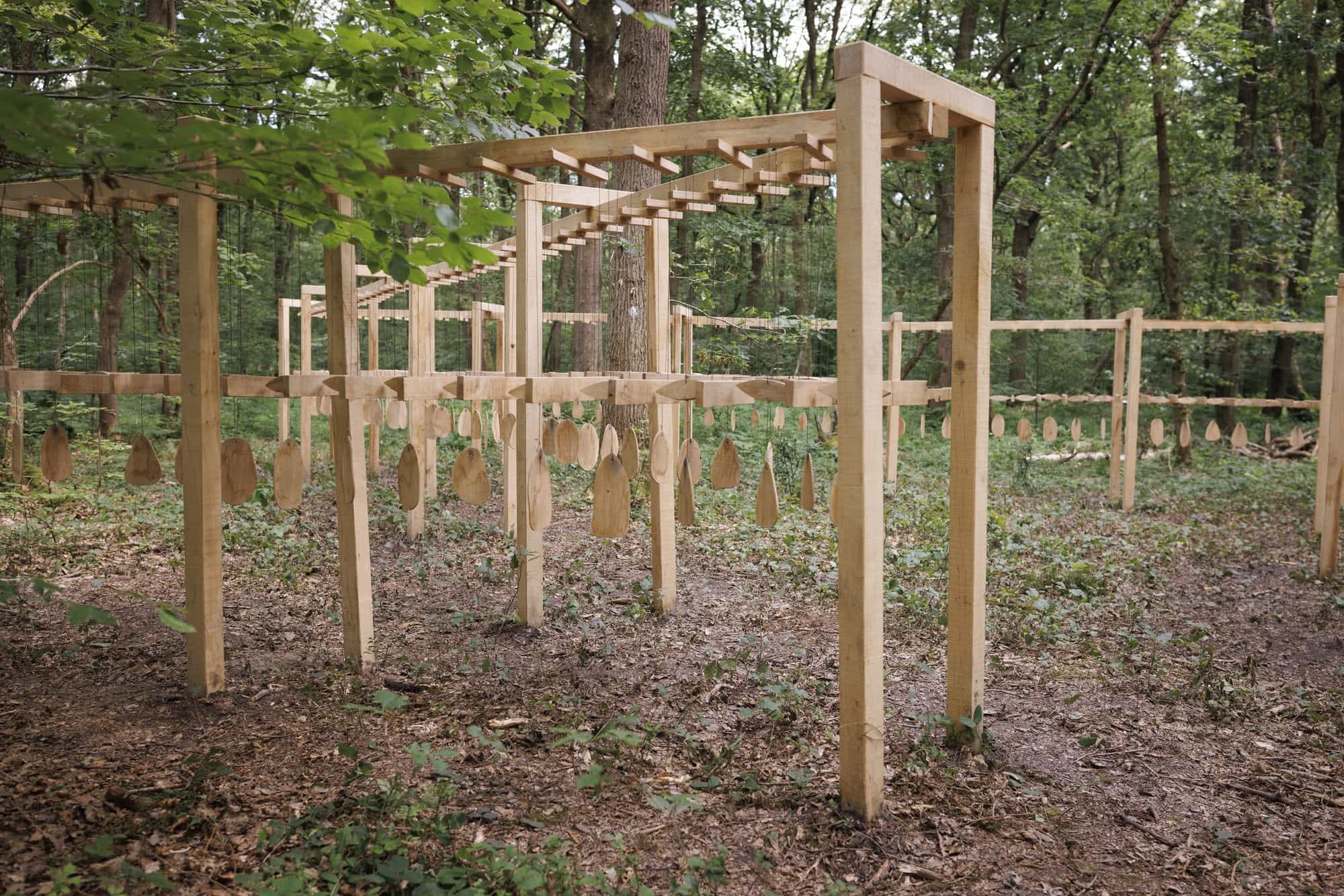a large wooden contraption consisting of pillars and handing rounded wooden planks is situated in a forest