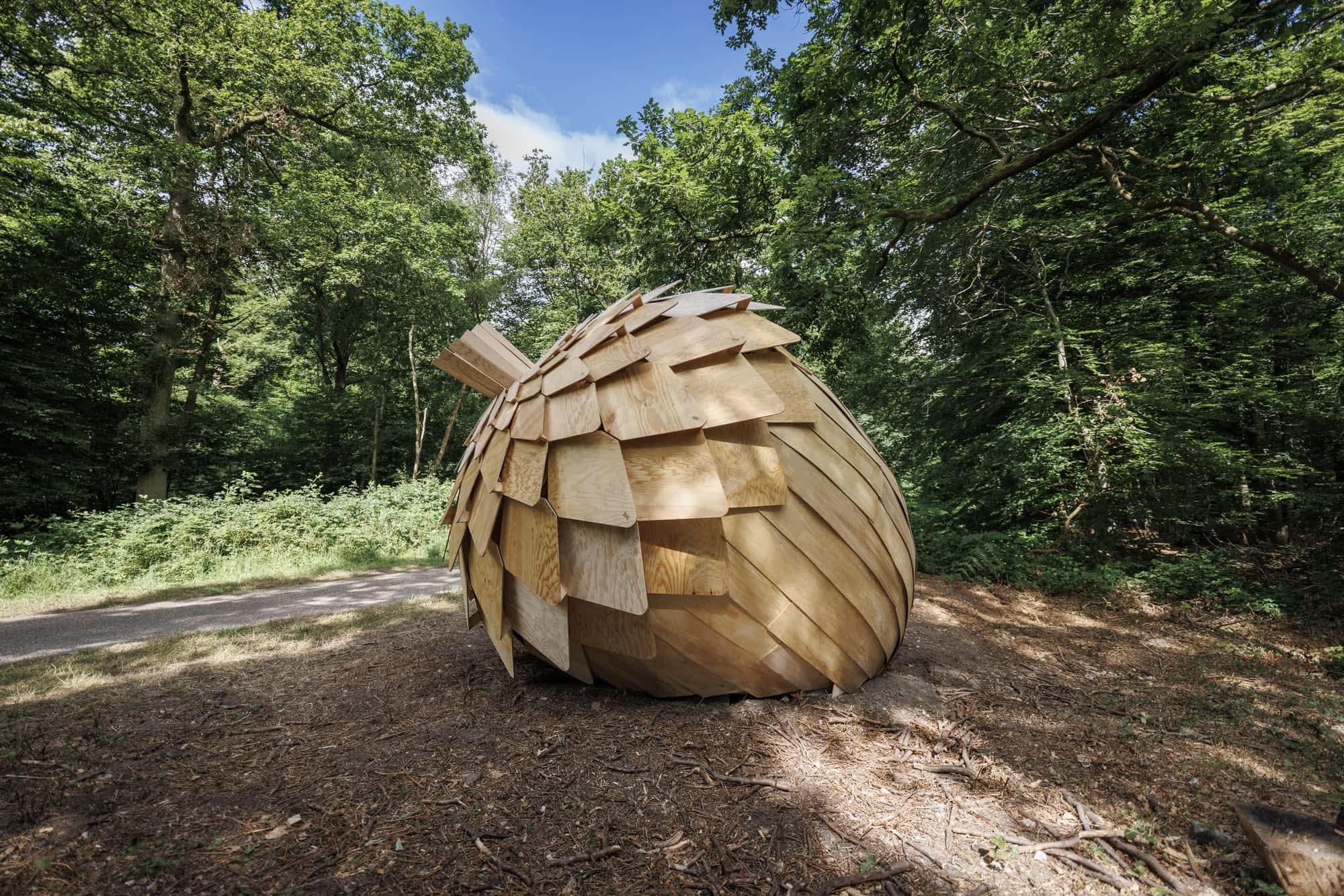 a large wooden acorn stands in a forest