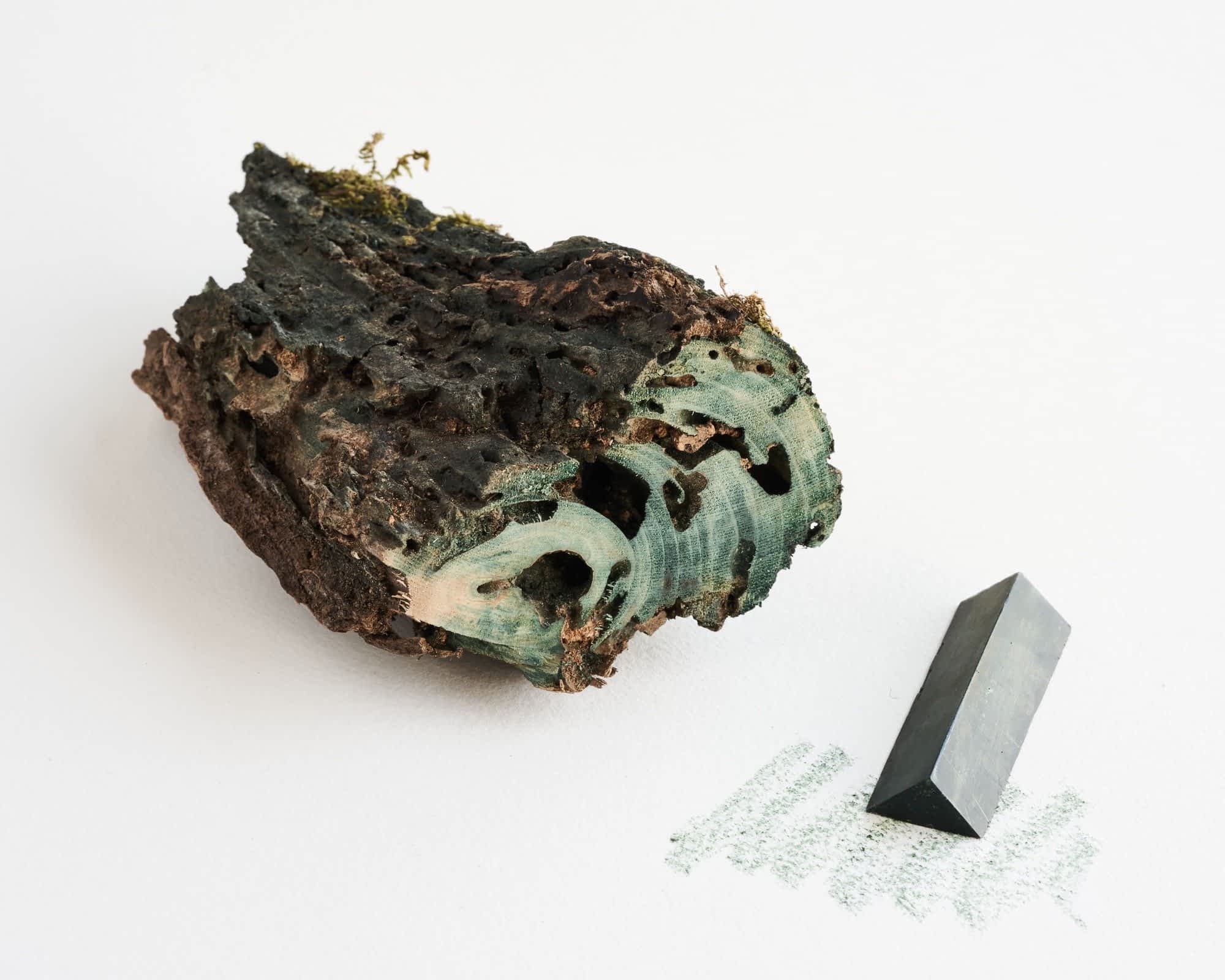 a triangular crayon with a blueish hue, shown next to a piece of timber from which its pigment was ground