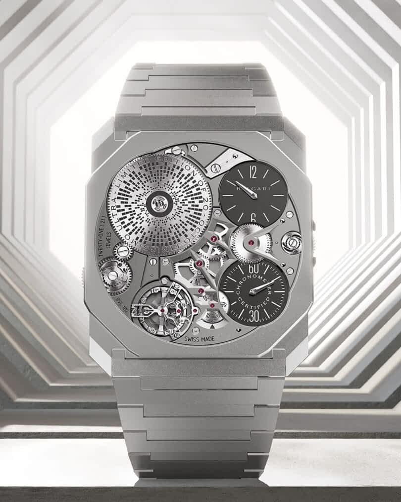 A close-up view of the world's thinnest mechanical wristwatch by Bulgari, showcasing its intricate internal components.
