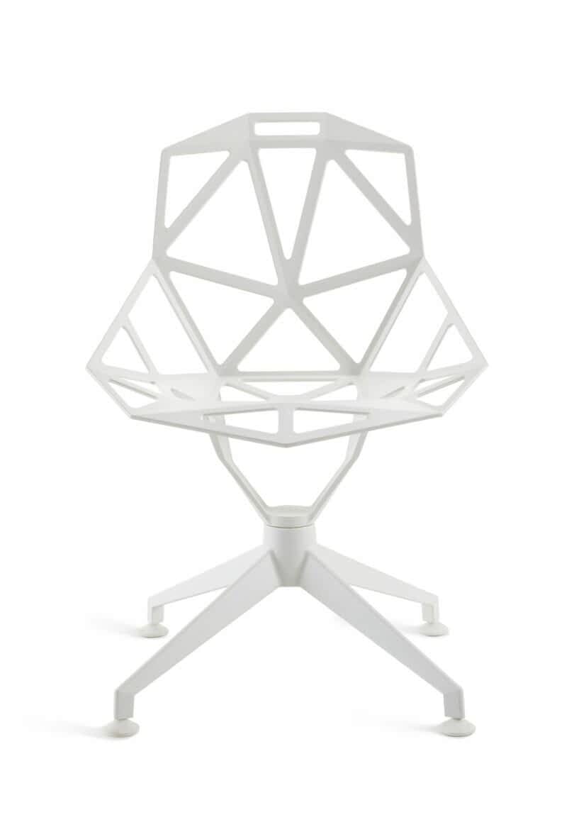 Geometric white chair with an open lattice design and a four-legged base