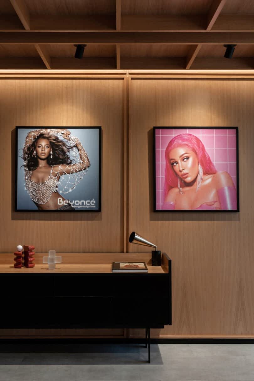 Two framed album art hanging on a wood-paneled wall above a black console table. The left portrait features a woman in a mesh outfit, and the right portrait features a woman with pink hair