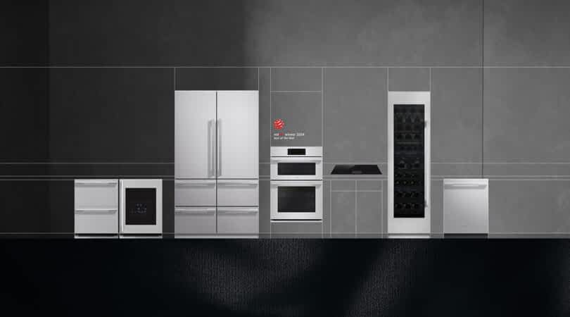 A line up the of the SKS Transitional Wall Oven collection alongside a Red Dot Design Award logo