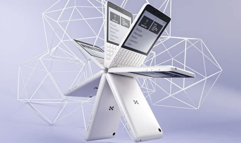 A group of sleek white foldable smartphones, some featuring tactile keyboards, arranged in a star-like formation. Each device displays a menu on the screen, set against a geometric purple background, highlighting the futuristic elegance of Minimal Phone designs.