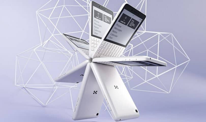 A group of sleek white foldable smartphones, some featuring tactile keyboards, arranged in a star-like formation. Each device displays a menu on the screen, set against a geometric purple background, highlighting the futuristic elegance of Minimal Phone designs.