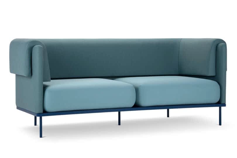 A modern blue sofa with a minimalist design, featuring rectangular cushions and a black metal frame, shown against a white background.