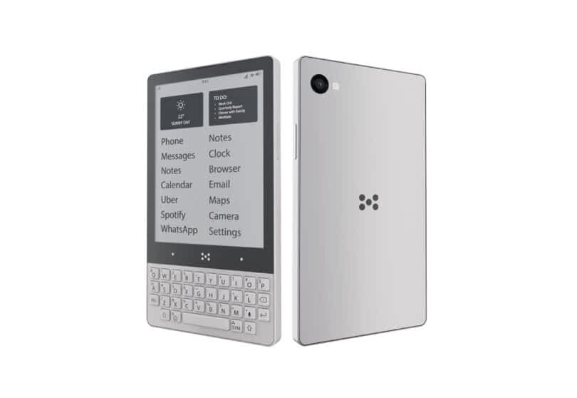 A slim, minimalist smartphone dubbed the Minimal Phone features a tactile keyboard and an e-ink screen displaying various app icons such as Phone, Messages, Notes, and Settings. The device is elegantly showcased from both front and back perspectives.