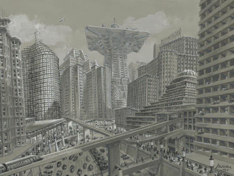 Futuristic cityscape with high-rise buildings and flying vehicles. Elevated roads and a large, unique structure resembling a hovering platform dominate the scene. Dense urban environment in grayscale