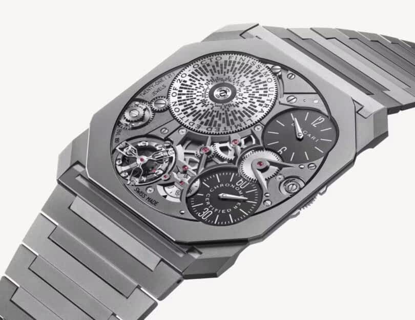 Close-up view of Bulgari's world's thinnest mechanical watch, revealing intricate mechanical details.