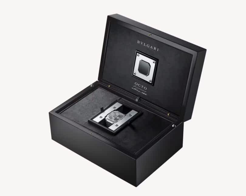 Luxury Bulgari wristwatch presented in an elegant black case used to set the time and wind up the world's thinnest mechanical watch.