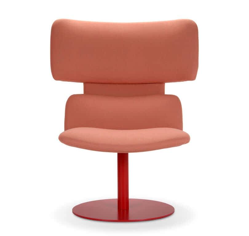 A modern, red chair with a curved backrest and cushioned seat on a red metal circular base.