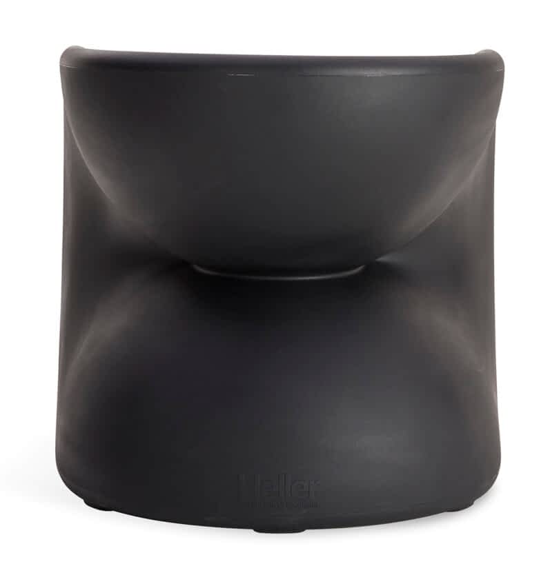 A modern black chair with a curved, sculptural shape on a white background.