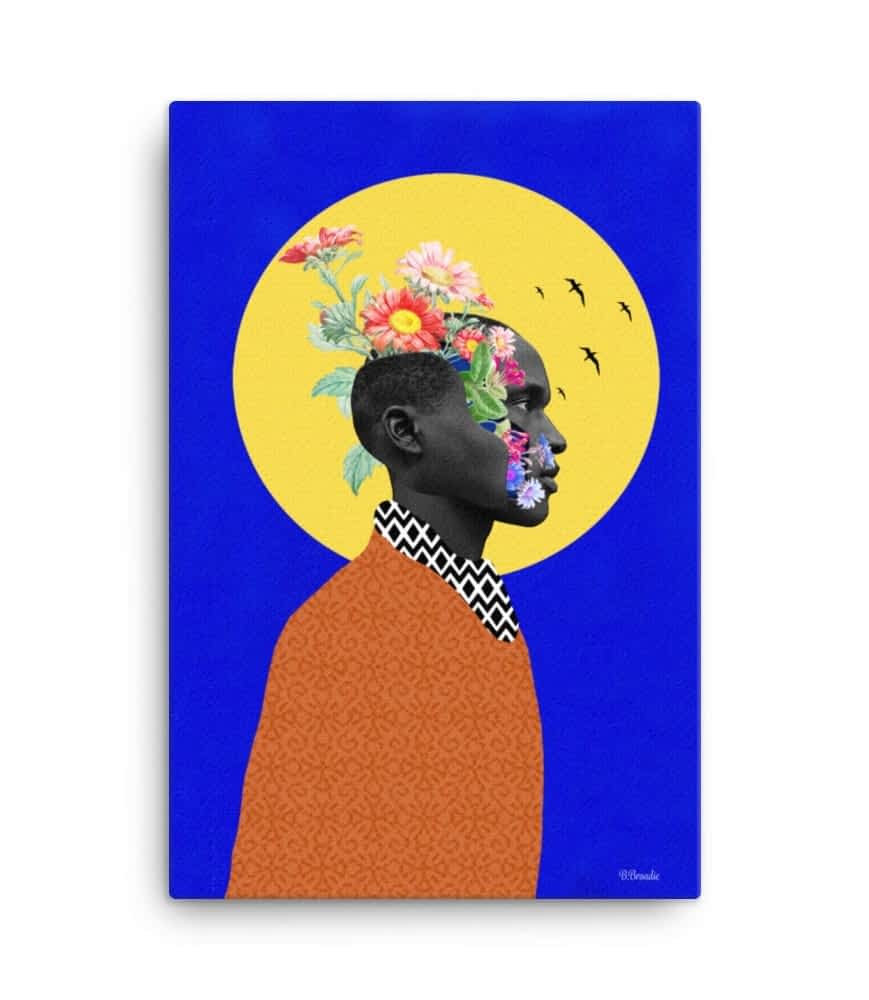a portrait of a person with flowers emerging from their head