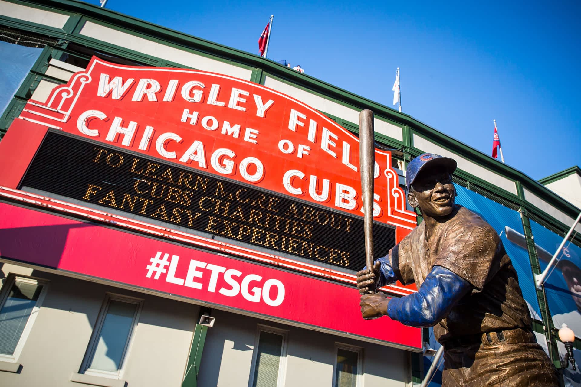 Wrigley Field, Chicago, is a baseball landmark. Exterior of Wrigley Field, Chicago, with a statue of baseball star Ernie Banks.