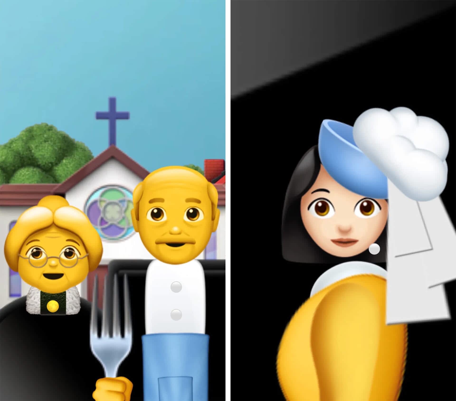 left: two emoji people holding a fork. right