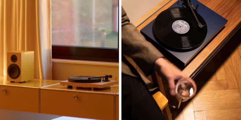 Two side-by-side photos of the Pro-Ject Debut Carbon EVO in yellow and blue finishes, each set within living spaces.