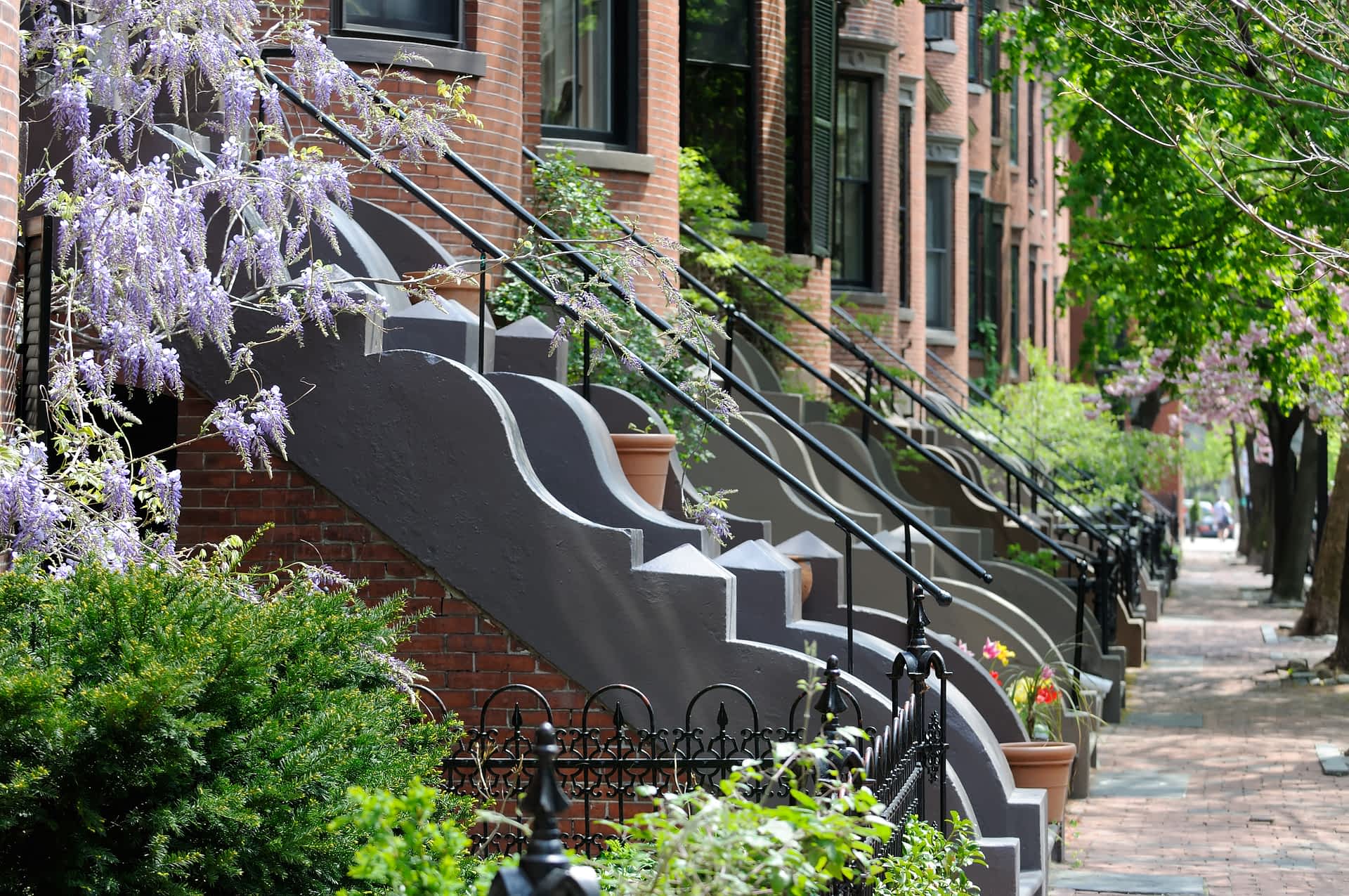 South End, Boston A sidewalk with steps up to Victorian buildings
