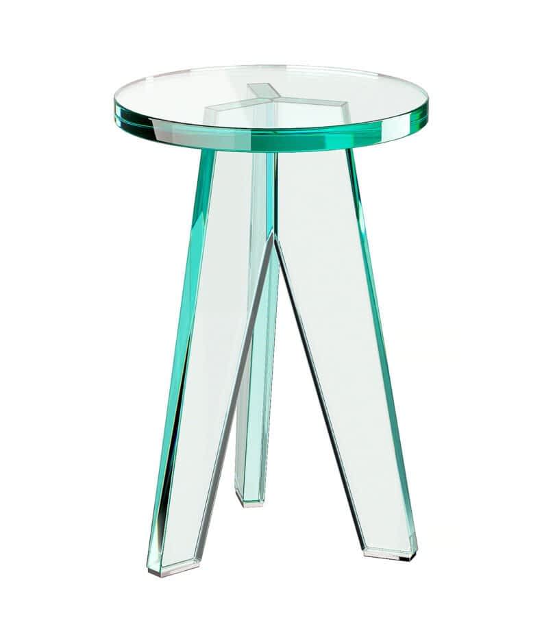A clear glass stool with a round top and three angled legs.