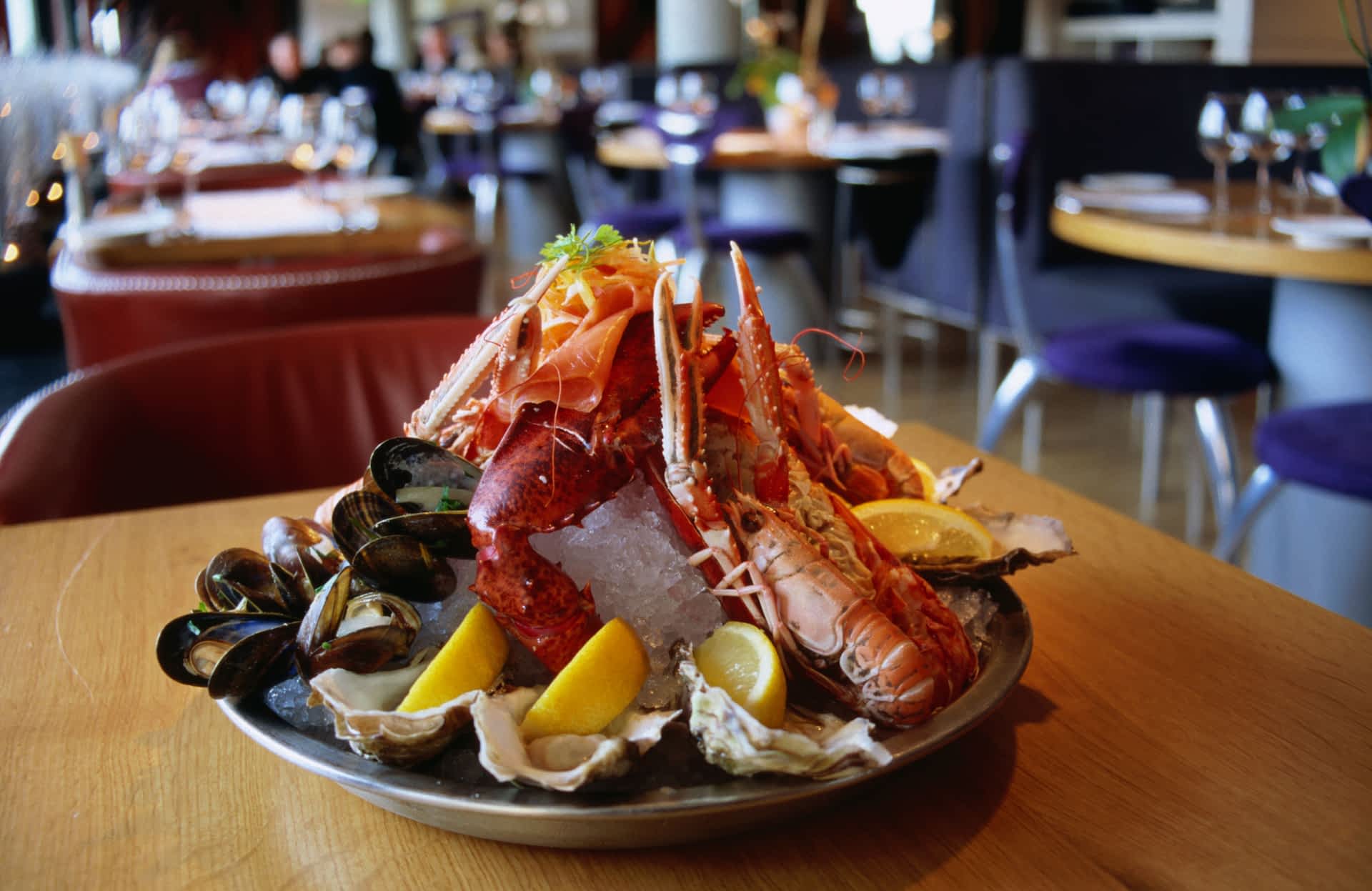 Fresh Scottish seafood crowns menus at Edinburgh's top restaurants. Platter of fresh seafood at The Tower restaurant, Edinburgh.