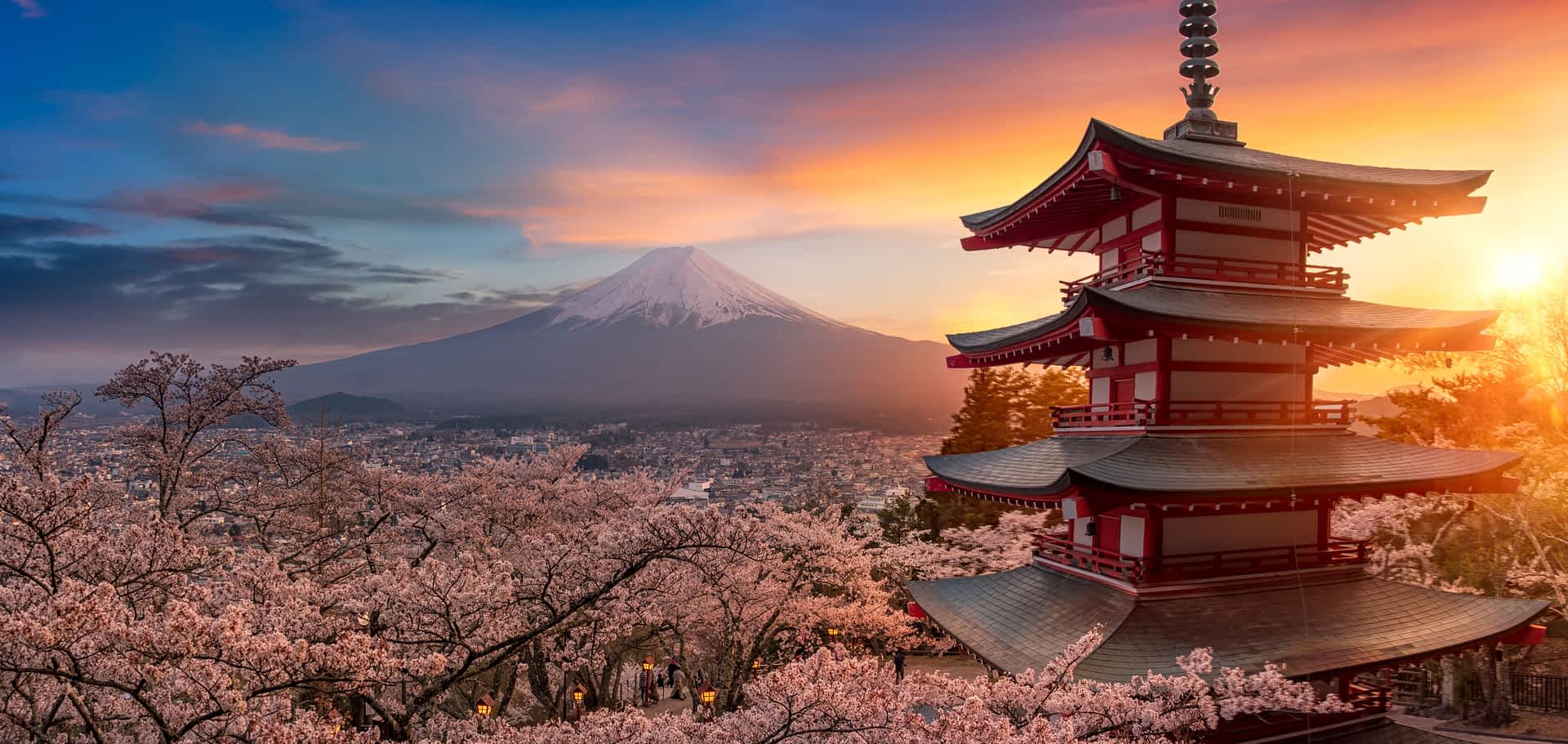 Beautiful view of mountain Fuji and Chureito pagoda at sunset, japan in the spring with cherry blossoms, Fujiyoshida, Japan Beautiful view of mountain Fuji and Chureito pagoda at sunset, japan in the spring with cherry blossoms, Fujiyoshida, Japan