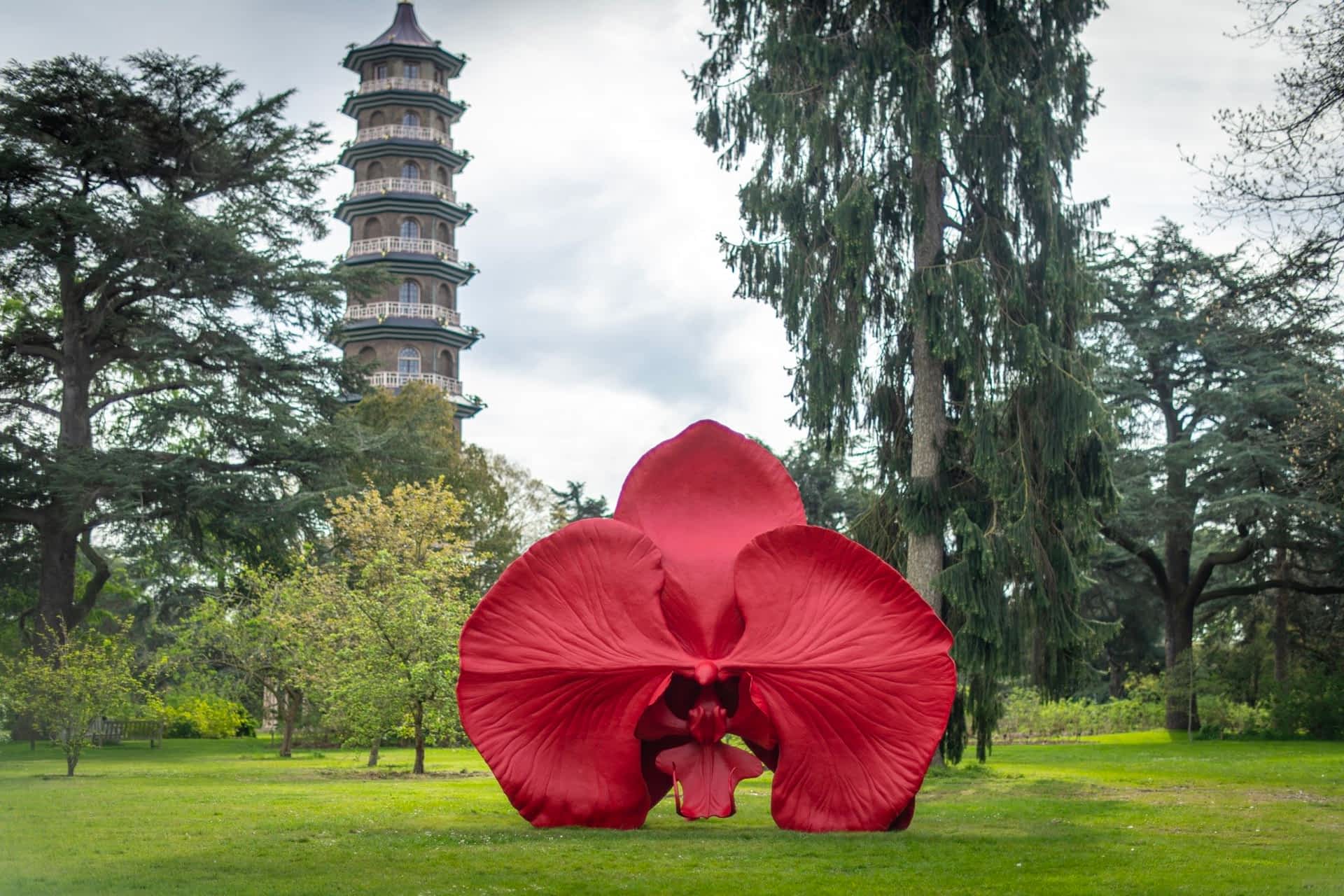 a monumental bronze sculpture of a red orchid on the lawn of RBG Kew in London
