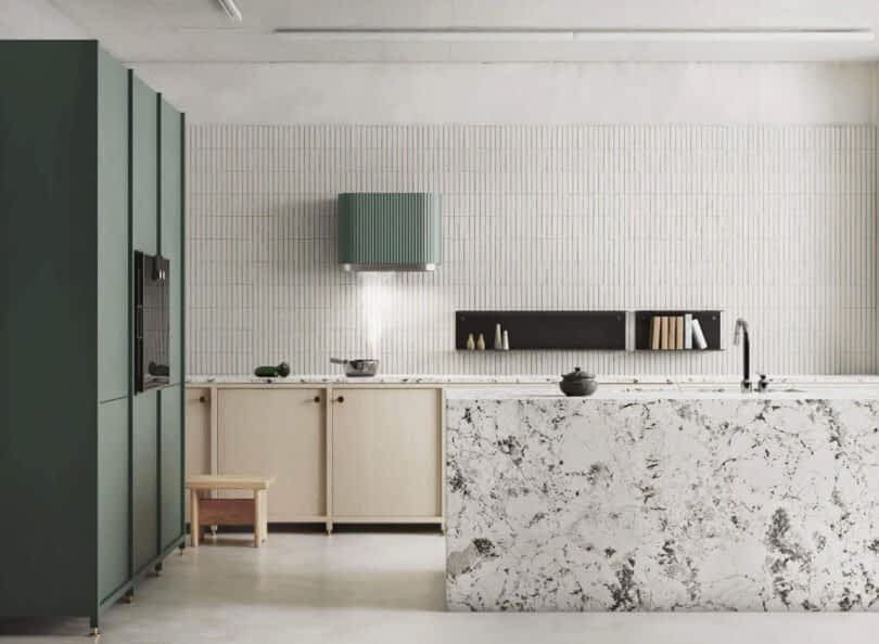 Modern kitchen interior with a Mono kitchen hood, marble countertop, wooden cabinets, and green accents, featuring clean and minimalistic design.
