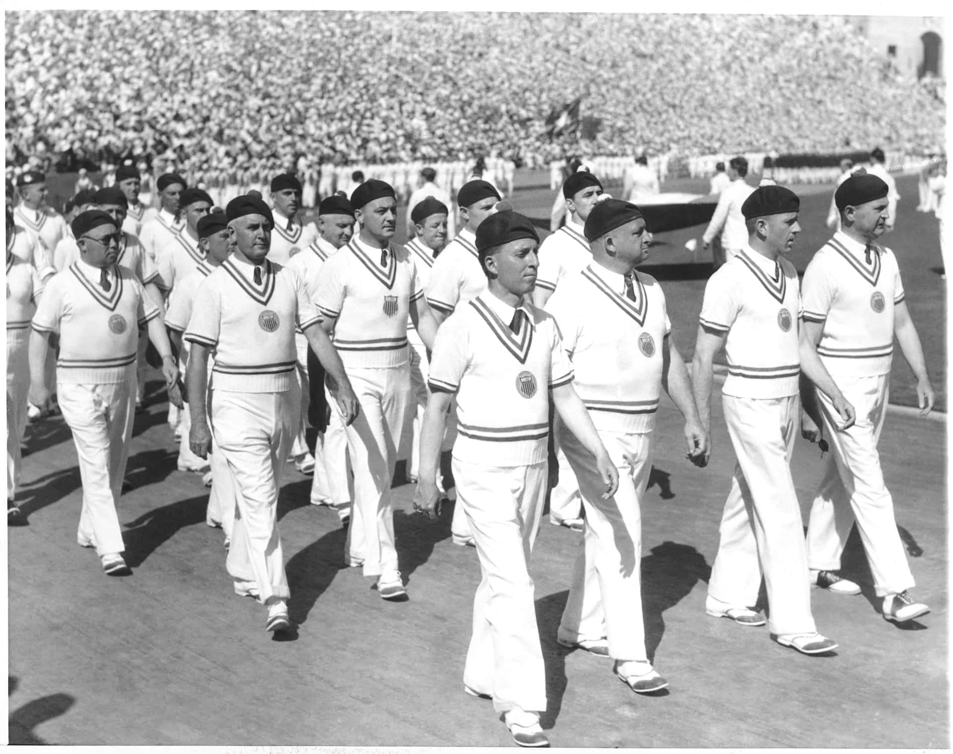 The opening ceremony of the 1932 Olympic Games, Los Angeles Memorial Coliseum, Los Angeles, California, USA A black-and-white image of Members of the US team marching in the opening ceremony of the 1932 Olympic Games in Los Angeles