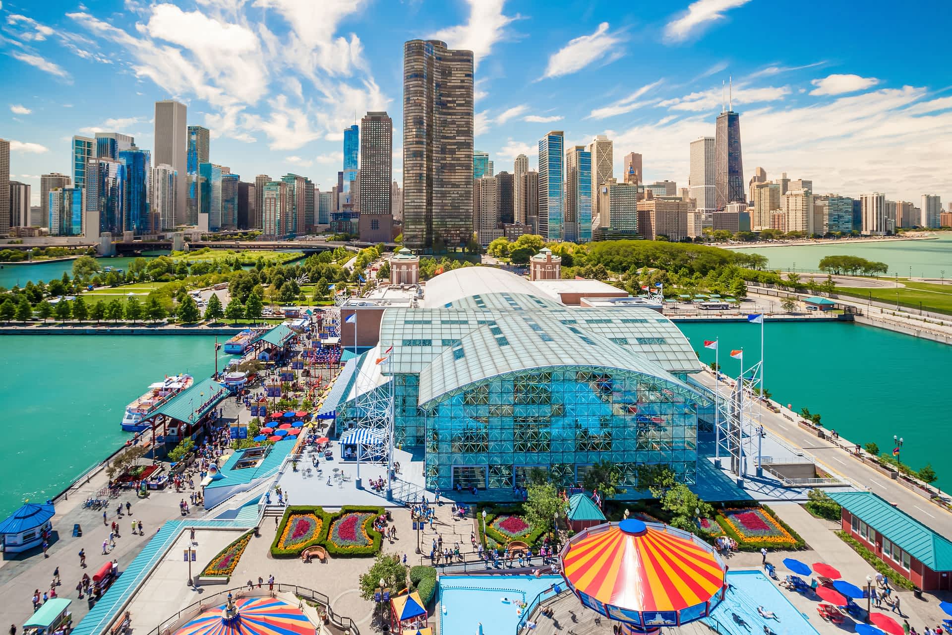 A stroll along Navy Pier is a Chicago institution. View from the Navy Pier ferris wheel towards central Chicago in the sunshine.