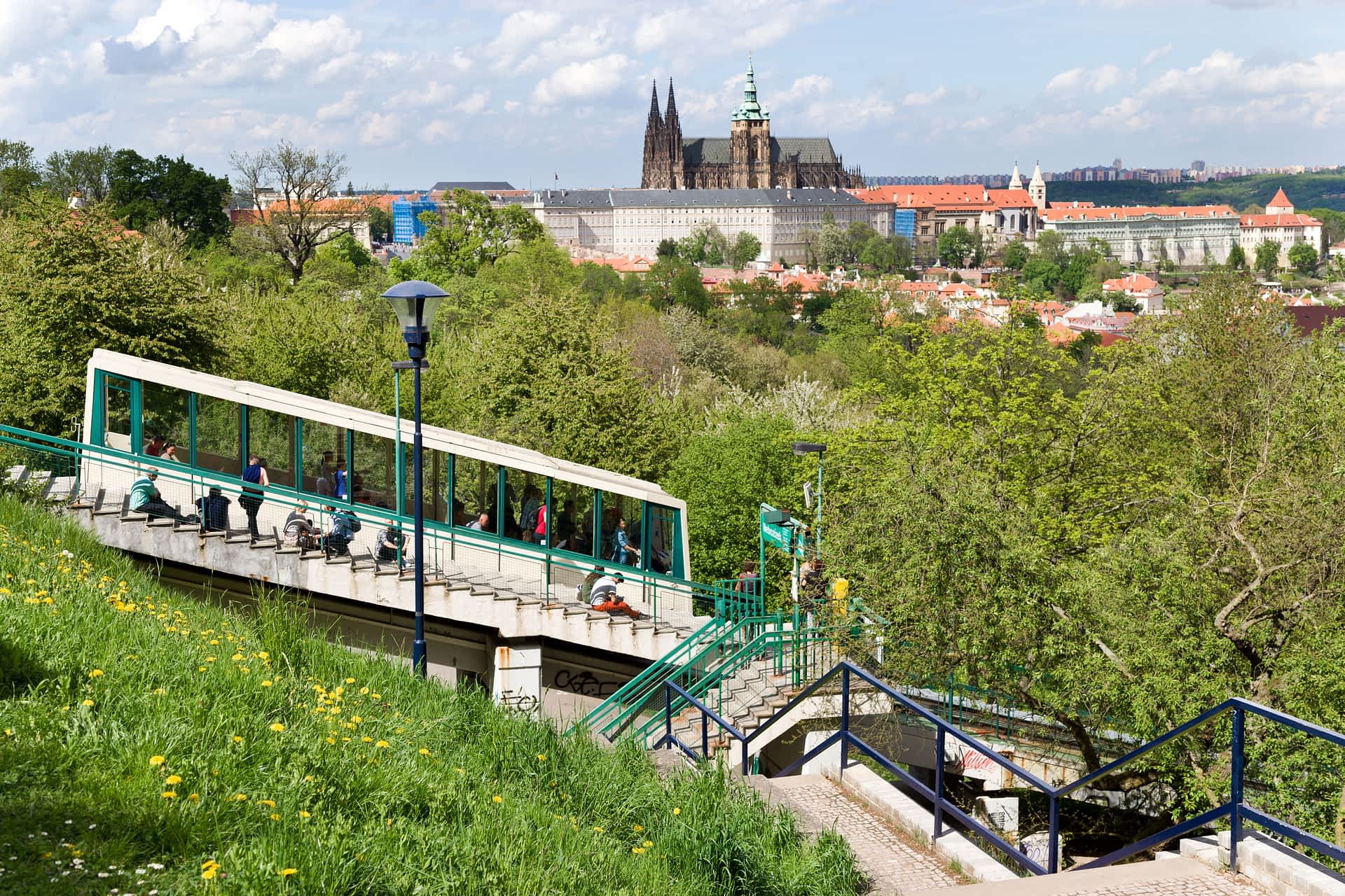 The Petřín funicular, Prague, Czech Republic The funicular up Petřín hill, with the skyline in the background, Prague, Czech Republic