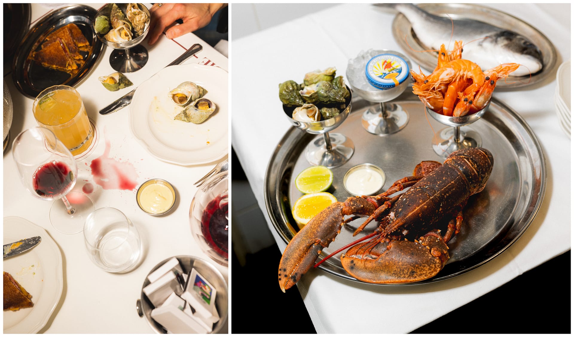 Maggies-Rooftop-Paris.png Lobster, tinned fish, wine and lipstick-marked napkins on a white-tablecloth table