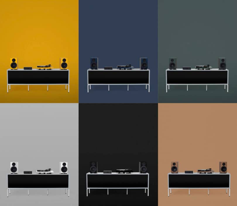 6 color options of the Pro-Ject Colourful Audio system shown in yellow, blue, green, white, black and walnut finish options with matching color backgrounds.
