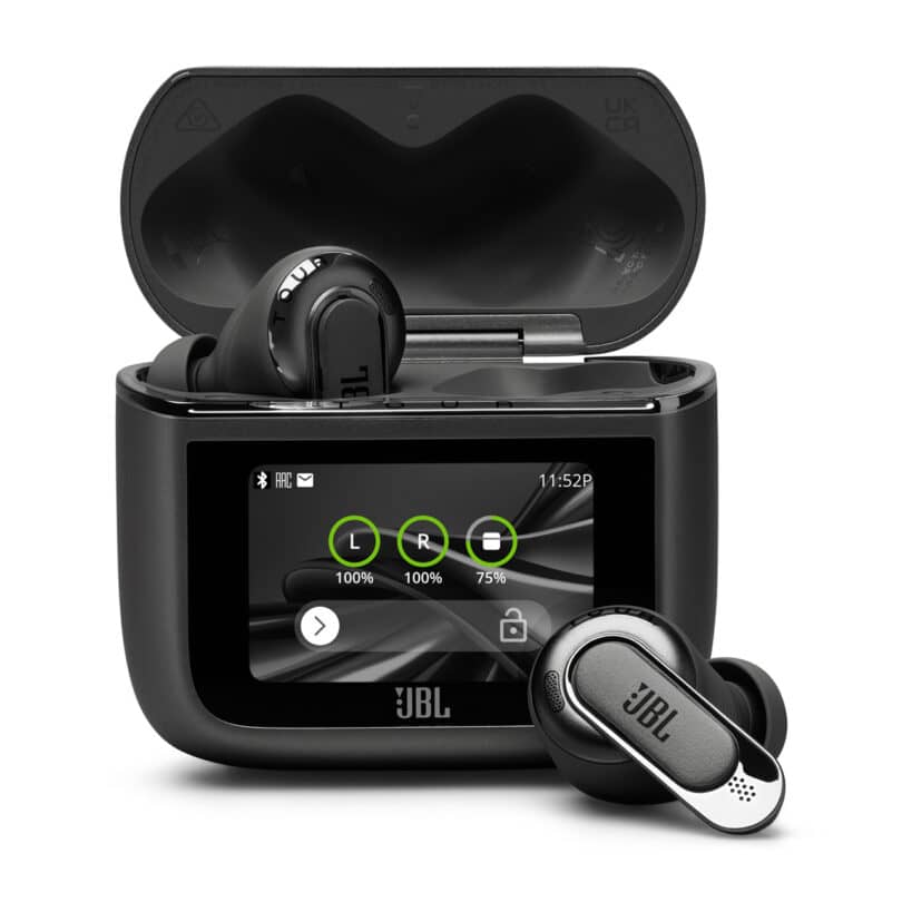 Screenshot of JBL wireless earbuds placed in an open charging case with an integrated display screen showing battery levels for each earbud and the case.