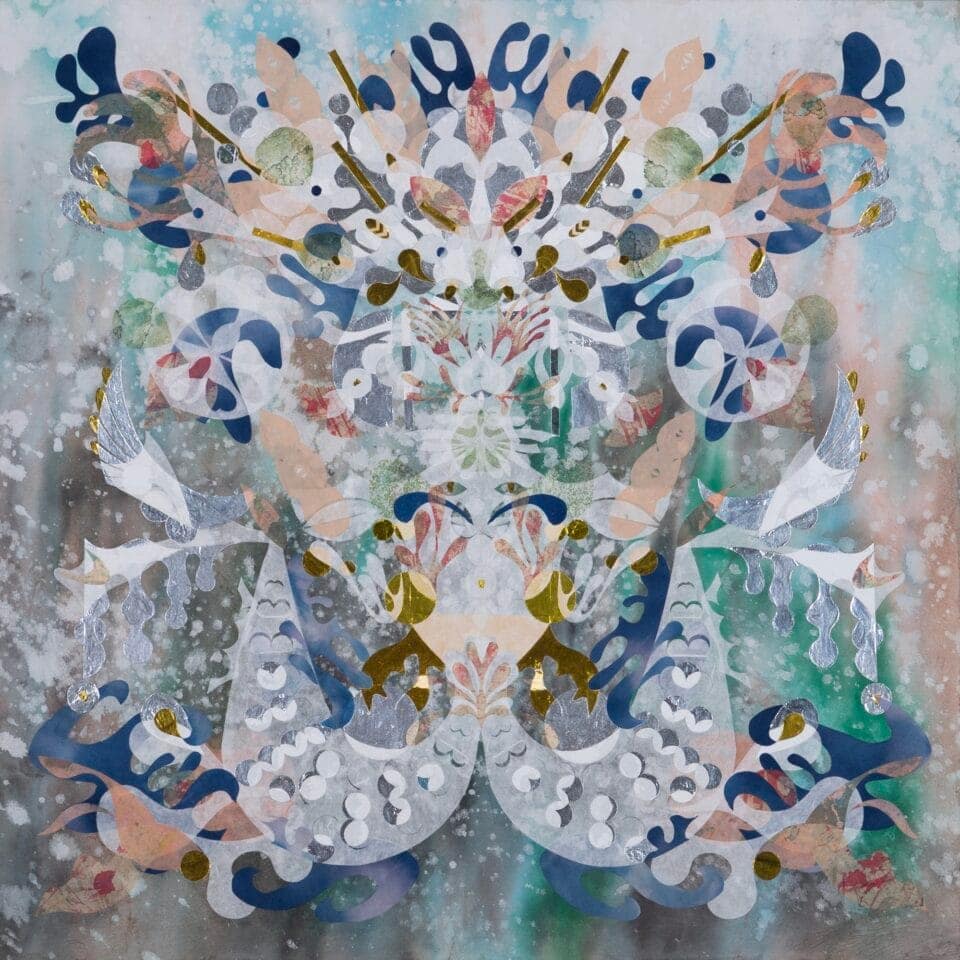 an abstract, ethereal mixed-media paper work on alu-dibond depicting an elaborate and colorful, symmetrical form